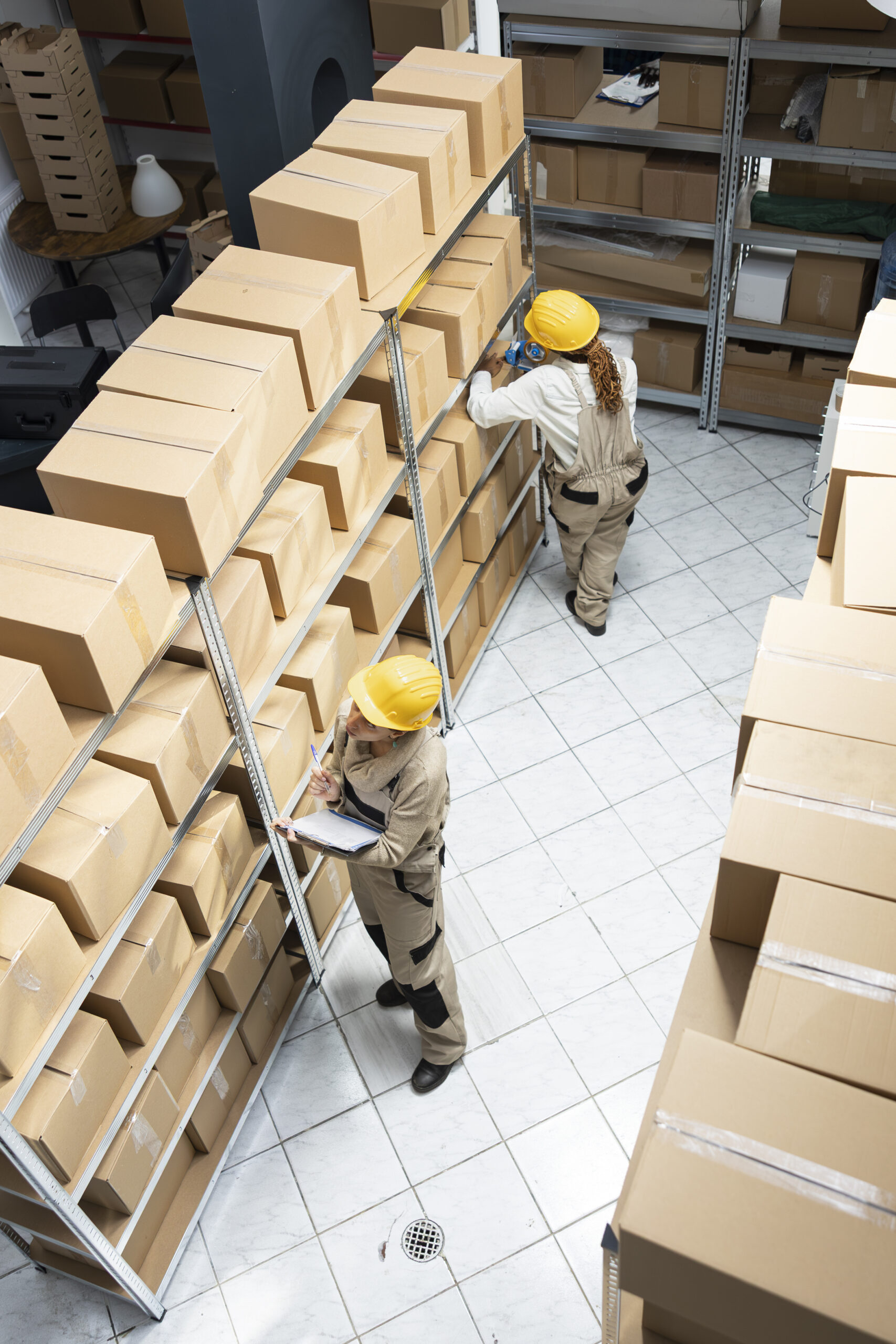 Diverse warehouse staff ensuring smooth product distribution by managing inventory, handling containers and organizing crates for shipment through the supply and delivery system.